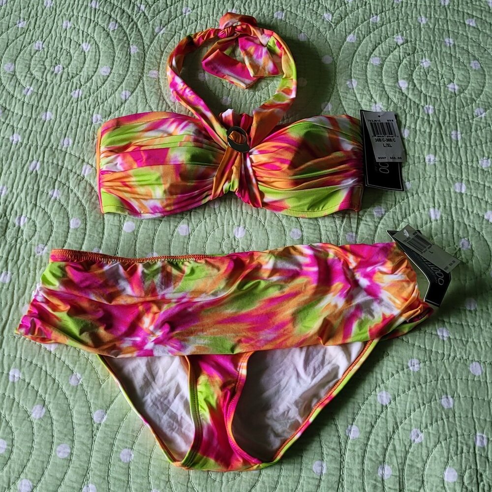 2bamboo Neon Pink Yellow Green Tie-Dye Bandeau Halter Bikini